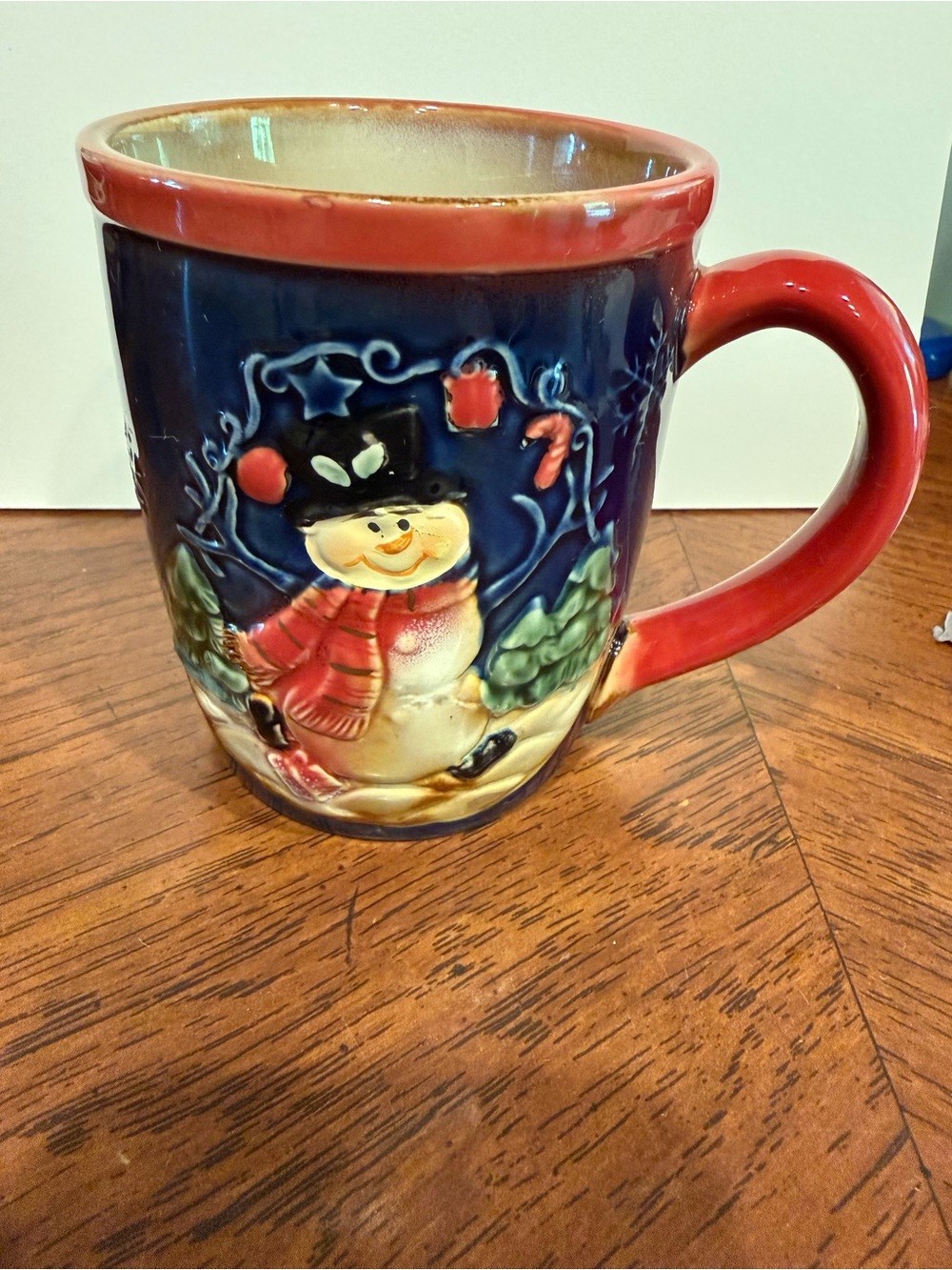 Festive Snowman Ceramic Mug in Navy and Red
